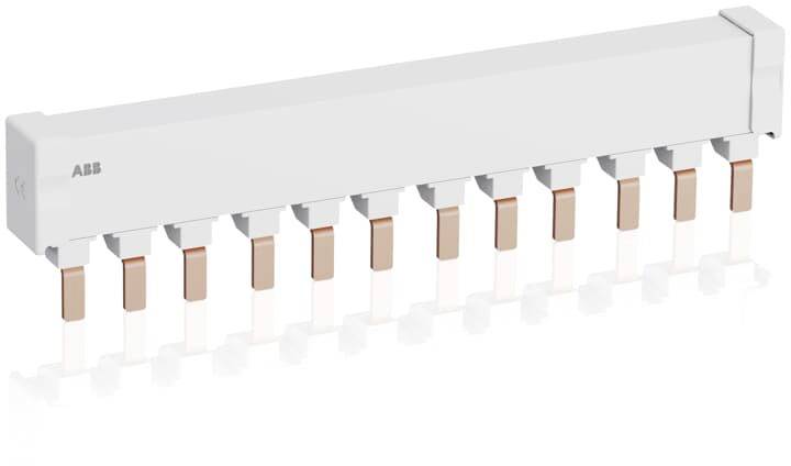 ABB Stromschiene 3-polig, aus Kupfer, für die elektrische Verteilung. Weißes Gehäuse mit Kupferanschlüssen unten.