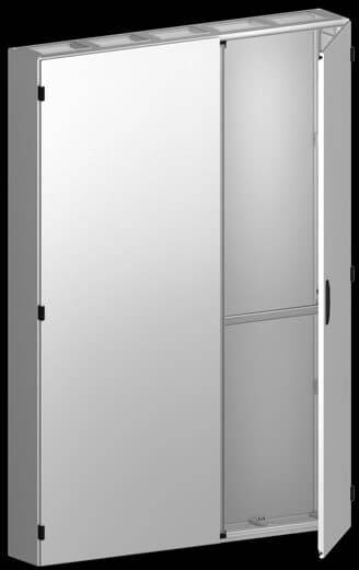 Metallschrank mit Spiegeln, einer offenen Doppeltür und einem Griff an der rechten Seite. Rechteckige Belüftungsöffnungen oben.