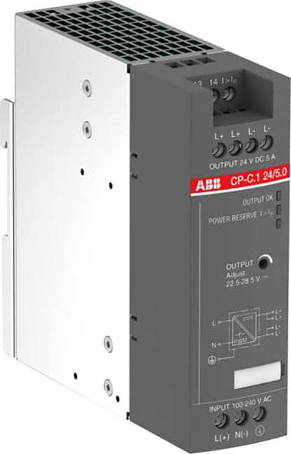 'CP-C.1 24/5.0' Netzteil von ABB, 24V DC Ausgang, 5A Stromstärke. Zeigt Anschlüsse und Einstellungen auf der Frontplatte.