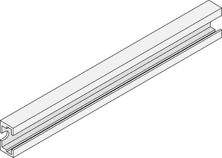 Isometrische Zeichnung eines langen, rechteckigen Aluminiumprofils mit einer C-förmigen Nut an der Seite.