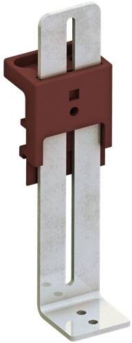 Metallhalterung mit langem, verstellbarem Schlitz, rotbraunem Gehäuse; zur Befestigung konstruiert.