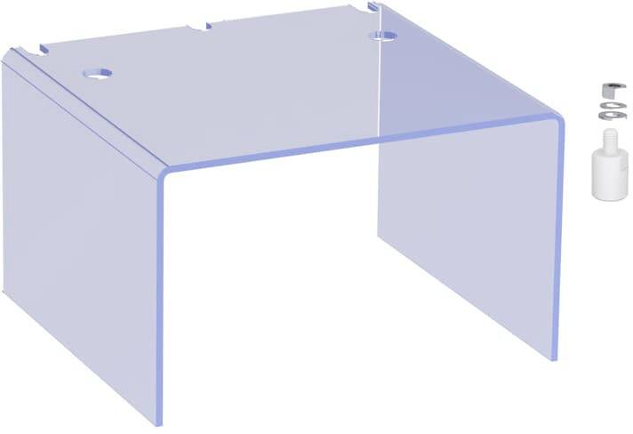 Ein transparenter, rechteckiger Ständer mit abgerundeten Kanten, zusammen mit Befestigungselementen wie Schrauben und Dichtungen rechts.
