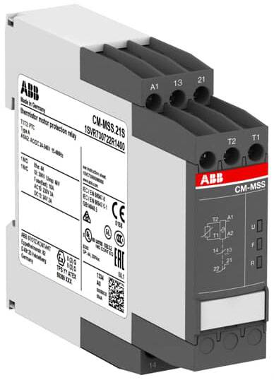 Abbildung eines ABB CM-MSS.21S Temperaturschutzrelais, zeigt Anschlüsse und technische Daten auf dem Gehäuse.