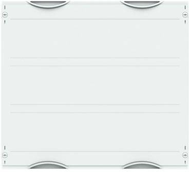 Ein weißes quadratisches Kunststoffgehäuse mit abgerundeten Ecken und vier kleinen abgerundeten Abdeckungen an jeder Ecke.