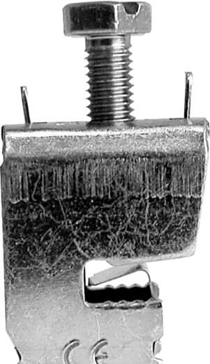 Metallbeschlag mit Schraubenmechanismus, zeigt eine Klemmbefestigung. Geeignet für Montagen oder industrielle Anwendungen.