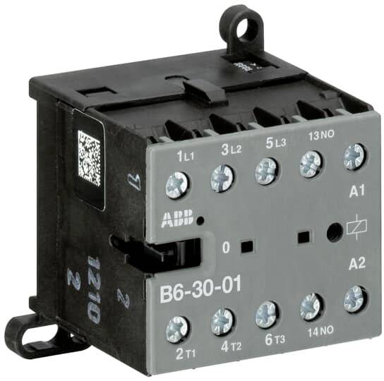 Ein elektrischer Schütz von ABB mit Modellnummer B6-30-01, schwarz und grau, verfügt über mehrere Anschlussklemmen und eine QR-Codierung.