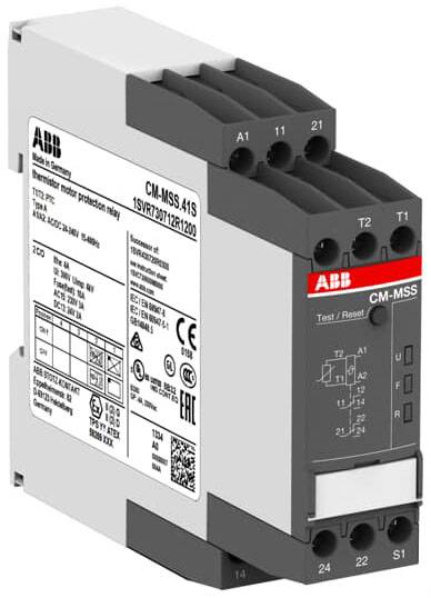Ein Temperatur-Motorschutzrelais von ABB. Das Relais ist grau mit schwarzen Anschlüssen und enthält technische Spezifikationen und Symbole.