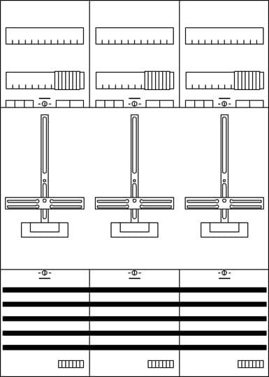 Diagramm zeigt verschiedene elektrische Schalterstellungen. Obere Reihe hat Drehregler, mittlere Reihe Hebelschalter, untere Reihe Kippschalter.
