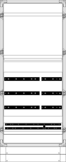 Eine Skizze eines leeren Schaltschrankes mit mehreren horizontalen Montageschienen für elektrische Bauteile.