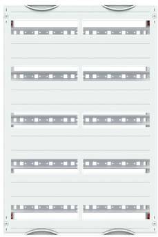 Ein leerer Verteilerkasten mit mehreren horizontalen Schienen für elektrische Komponenten.