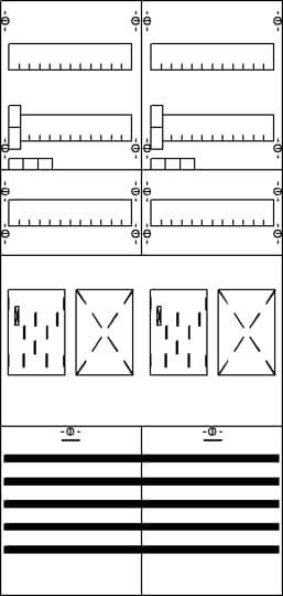 Diagramm mit fünf horizontalen und vier vertikalen Abschnitten. Oben: Balken in verschiedenen Positionen. Mitte: Rechtecke mit variierenden Mustern. Unten: Gleichmäßige Linien.