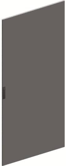 Eine graue Tür mit einem kleinen schwarzen Griff an der linken Seite, leicht geöffnet, auf neutralem Hintergrund.