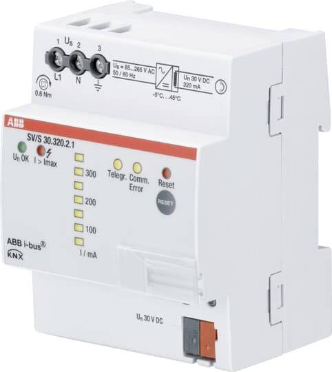 Ein weißes ABB KNX i-bus Modul mit mehreren Anschlussklemmen und LED-Anzeigen für Kommunikations- und Statusanzeigen.