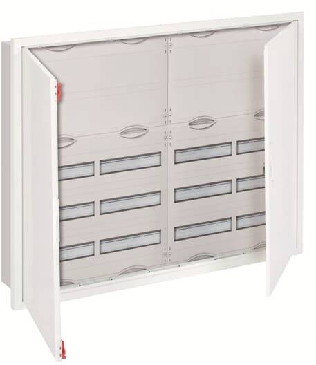 Offener Verteilerkasten mit mehreren Einschubfächern und geschlossenen Türen zur sicheren Aufbewahrung von elektrischen Komponenten.