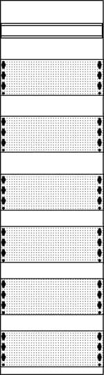 Ein stilisiertes Muster aus horizontal gestreiften und gepunkteten Flächen, getrennt durch schwarze geometrische Formen, vertikal angeordnet.