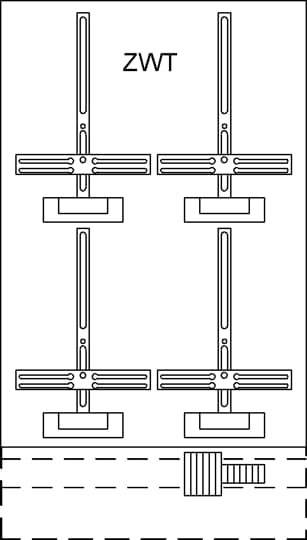 'ZWT'-Diagramm mit vier T-förmigen Strukturen, die parallel angeordnet sind und daneben ein schraffierter Bereich unterhalb.