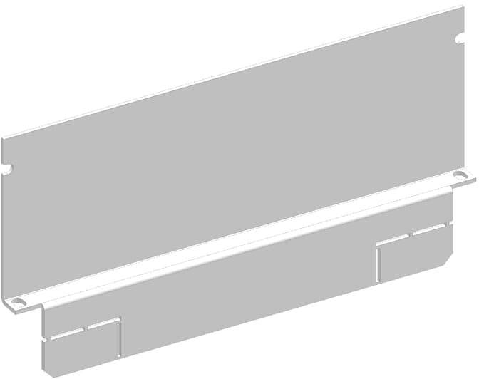 Metallisches Bauteil mit rechteckiger Form, seitlichen Befestigungslöchern und einer unteren Aussparung; vermutlich ein Abdeckelement oder Halterung.