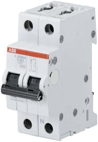 Doppelter Leistungsschutzschalter, Nennstrom C63, ABB-Marke, verwendet für elektrische Sicherheitsabschaltungen in Stromkreisen.