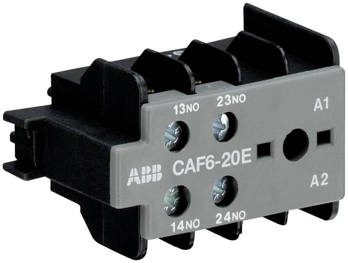 Ein elektrisches Schütz von ABB, Modell 'CAF6-20E', mit vier Befestigungspunkten. Links Begriffe '13NO', '23NO'; Rechts '14NO', '24NO'.