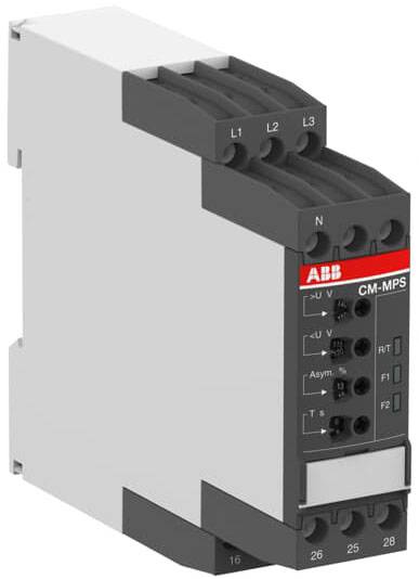 Ein elektronisches Überwachungsrelais mit rotem Aufdruck 'ABB CM-MPS'. Es besitzt mehrere Anschlüsse und ist für Spannungskontrolle geeignet.