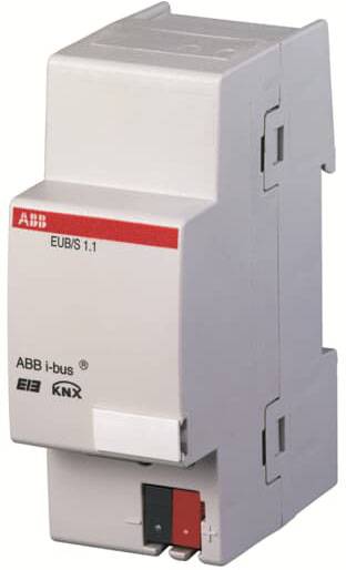 Ein graues ABB i-bus KNX-Gerät mit rotem und schwarzem Schalter, zur Steuerung elektrischer Systeme innerhalb eines Gebäudes.