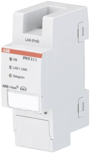 Ein KNX IP-Router von ABB zur Verbindung von KNX-Netzwerken mit Ethernet. Front hat LEDs und LAN-Port. Produkt für Gebäudeautomation.