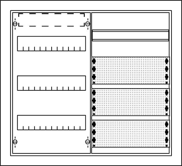 Schema eines Elektronikkastens mit drei horizontalen Schaltkreisen links und vier vertikalen Anschlussreihen rechts.