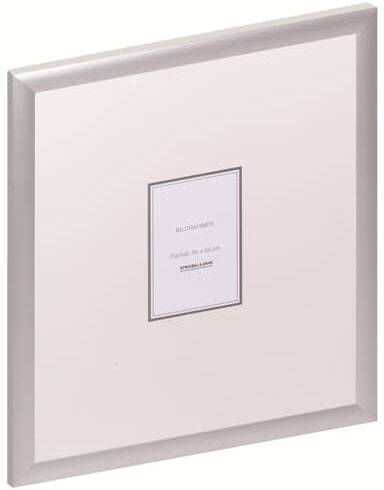 Ein quadratischer, silberfarbener Bilderrahmen mit einem leeren, rosa Hintergrund. In der Mitte befindet sich ein rechteckiges Feld.