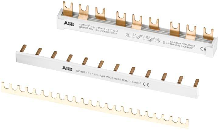 Stromschienenverteiler von ABB mit kupfernen Zinken für elektrische Verbindungen und sicheren Energiefluss in Schalttafeln.