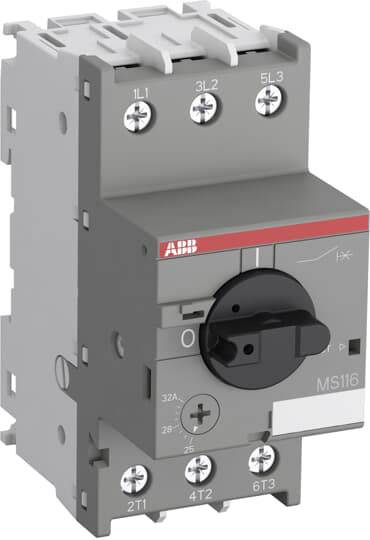 'MS116' Motorstarter-Schalter im Gehäuse, grau, mit Drehregler und Anschlussklemmen für elektrische Installation.