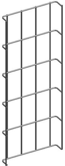 Gitterförmiges Regal aus Metall, vertikal aufgestellt, mit fünf horizontalen Etagen, geeignet zur Lagerung oder Präsentation.