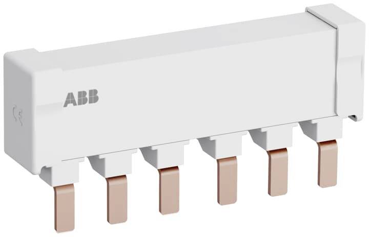 Eine weiße ABB-Elektroschiene mit sechs kupferfarbenen Anschlüssen, verwendet zur Verteilung von Elektrizität in elektrischen Systemen.