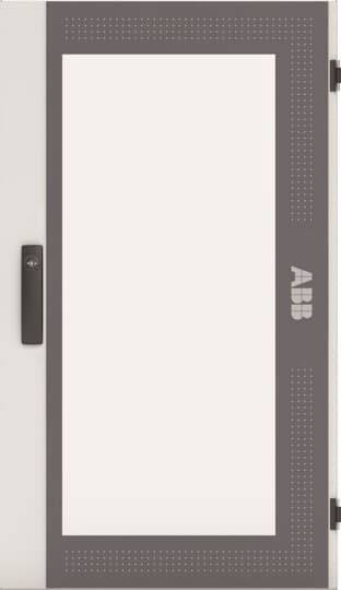 Tür eines Elektronikschranks mit Sichtfenster und Griff, daneben das Logo 'ABB'.