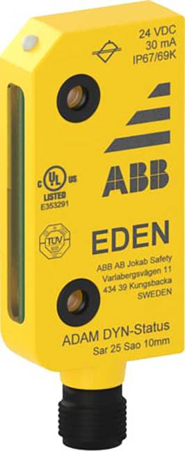 Gelbes Sicherheitsgerät von ABB mit Aufschrift 'EDEN', geeignet für industrielle Anwendungen, IP67/69K-zertifiziert und UL-gelistet.