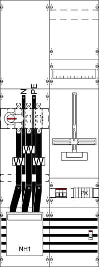 Schaltplan eines elektrischen Verteilers mit Kabeln, Schaltern und Sicherungen zur Darstellung der Stromverteilung und -sicherung.