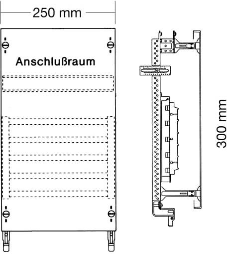 Technische Zeichnung eines Gehäuses mit Maßen: Breite 250 mm, Höhe 300 mm. Bezeichnet ist ein 'Anschlußraum'. Seiten- und Frontansicht.