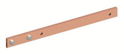 Ein rechteckiger Kupferstab mit zwei Schrauben und einem Loch an beiden Enden, geeignet für elektrische Verbindungen oder Erdung.
