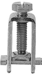 Metallische U-Klammer mit Schraube in der Mitte, verwendet zur Befestigung oder Fixierung von Objekten.