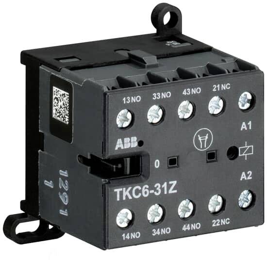 Ein schwarzer elektrischer Schütz von ABB, Modell 'TKC6-31Z', mit mehreren Anschlussklemmen, auf einem weißen Hintergrund.