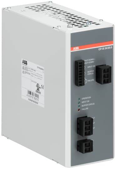 Ein grauer ABB CP-B 24/20.0 Netzteilkasten mit Lüftungsgitter oben und mehreren Anschlussmöglichkeiten an der Vorderseite.