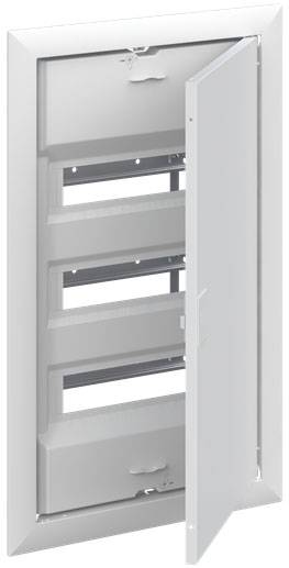 Abbildung eines weißen Verteilerkastens mit geöffneter Tür, die verschiedene Schlitze für elektrische Komponenten zeigt.