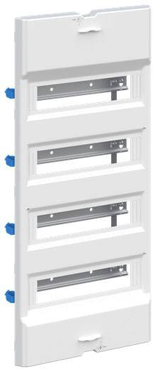 Weiße, rechteckige Verteilerbox mit vier horizontalen Fächern und blauen Befestigungselementen an den Seiten.