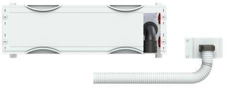 Lüftungssystem mit rechteckiger Hauptbox und gebogenem Rohranschluss an der rechten Seite, geeignet zur Installation in Innenräumen.