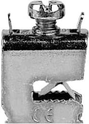 Ein Metallverbinder mit Schraube, möglicherweise für die Befestigung in elektrischen oder mechanischen Anwendungen.