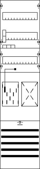 Ein schwarz-weißes Diagramm zeigt sechs horizontale Balkendiagramme übereinander. Der obere Balken hat Messskalen, die anderen Balken verschiedene Grafiken oder Symbole.