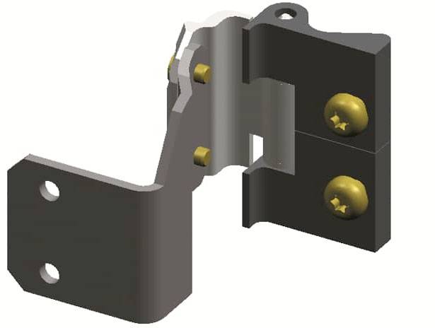 Abbildung zeigt eine metallene, winkelförmige Halterung mit zwei gelben Schrauben. Sie wird zur Befestigung von Bauteilen genutzt.