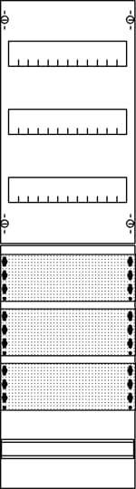 Diagramm eines Schaltschranks mit oben liegenden Kabelkanälen, darunter horizontalen Verbindungen und vertikalen Perforationen.
