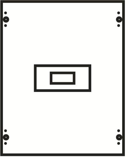 Ein rechteckiger Rahmen mit einem kleineren, zentral platzierten rechteckigen Element. Punkte an den Ecken des Rahmens.