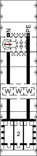 Stromlaufplan einer Verdrahtung mit Leitungen 'PE', 'N', '2' und Schalter. Schalter sitzt auf Linie 'N' mit einem roten Markierungspunkt.