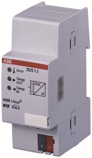 KNX-Schnittstellenmodul mit roten und grauen Anschlüssen, LED-Anzeigen für Fehler und Kommunikation, geeignet zur Integration in Gebäudeautomatisierungssysteme.